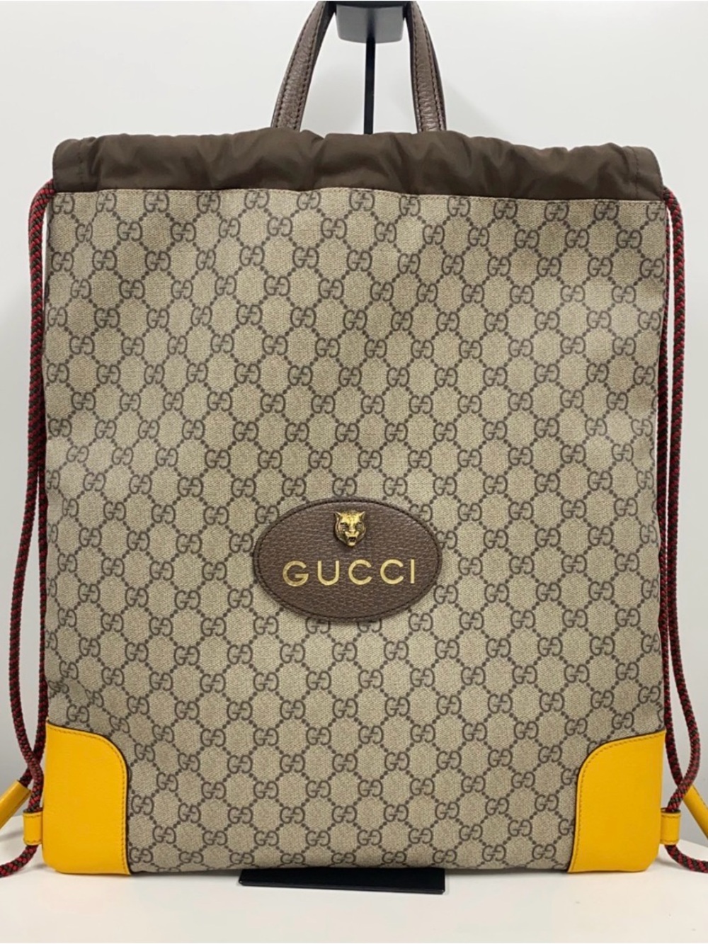 Gucci Beige GG Supreme Canvas Tiger Drawstring Backpack Yellow Corner Monogram